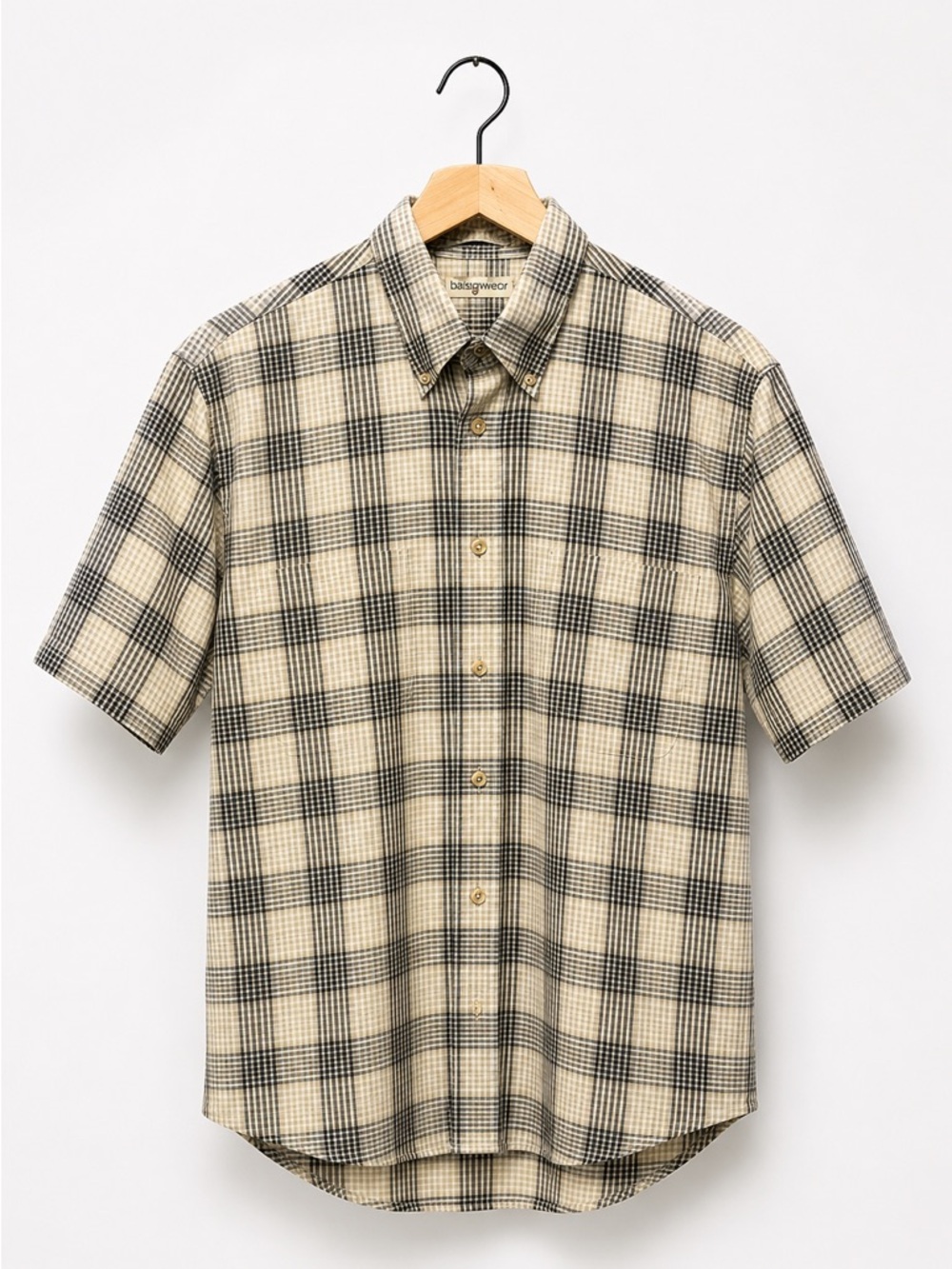 Munsingwear Men's Short-Sleeve Plaid Button-Down Shirt in Brown and Beige (rack)